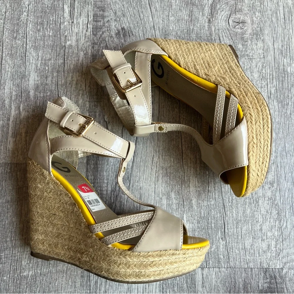 Guess Beige Patent Leather Wedge  Sandals Women's Size 7.5